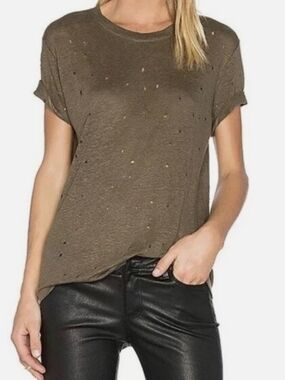 IRO Linen Washed Olive Distressed Crewneck Tee - Women XS